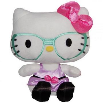 Jucarie din plus Hello Kitty cu ochelari si rochie mov, 23 cm