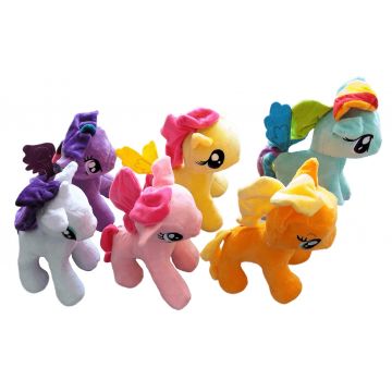 Set 6 Jucarii de Plus, Ponei, My Little Pony, cu Melodie, Snur cu Ventuza, 25 cm, Multicolor