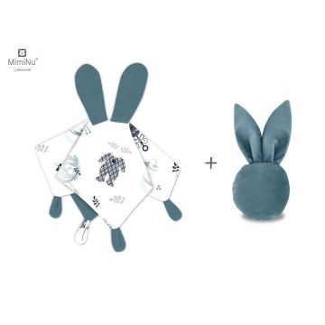 MimiNu - Set jucarie de plus cu urechi si labute + Jucarie zornaitoare Mini Bunny, Materiale certificat Oeko Tex Standard 100, Baby Shower Blue/Nepal Green