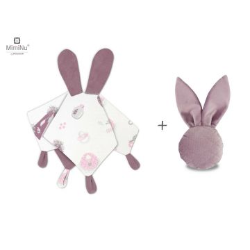 MimiNu - Set jucarie de plus cu urechi si labute + Jucarie zornaitoare Mini Bunny, Materiale certificat Oeko Tex Standard 100, Baby Shower Pink/Heather