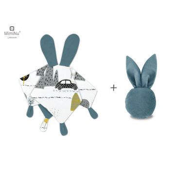 MimiNu - Set jucarie de plus cu urechi si labute + Jucarie zornaitoare Mini Bunny, Materiale certificat Oeko Tex Standard 100, Childrens Journey Grey/Nepal Green