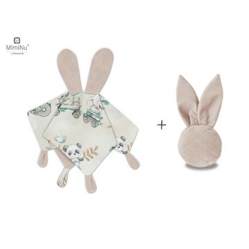 Set jucarie de plus, MimiNu, Cu urechi si labute + Jucarie zornaitoare Mini Bunny, Materiale certificat Oeko Tex Standard 100, Design, Zoo on Bikes Nugat/Beige