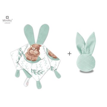 MimiNu - Set jucarie de plus cu urechi si labute + Jucarie zornaitoare Mini Bunny, Materiale certificat Oeko Tex Standard 100, Lulu Natural/Mint