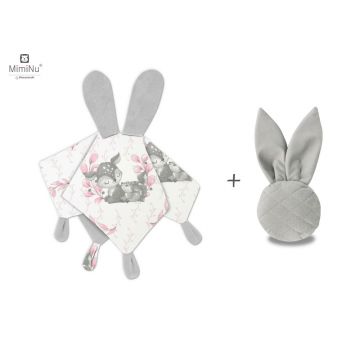 MimiNu - Set jucarie de plus cu urechi si labute + Jucarie zornaitoare Mini Bunny, Materiale certificat Oeko Tex Standard 100, Lulu Rose/Grey