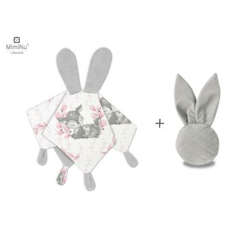 Set jucarie de plus, MimiNu, Cu urechi si labute + Jucarie zornaitoare Mini Bunny, Materiale certificat Oeko Tex Standard 100, Lulu Rose/Grey