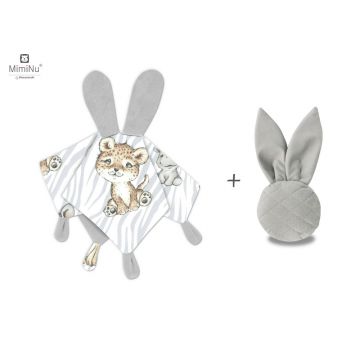 Set jucarie de plus, MimiNu, Cu urechi si labute + Jucarie zornaitoare Mini Bunny, Materiale certificat Oeko Tex Standard 100, Safari Natural/Grey