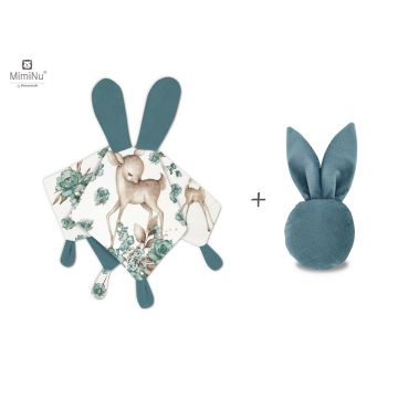 MimiNu - Set jucarie de plus cu urechi si labute + Jucarie zornaitoare Mini Bunny, Materiale certificat Oeko Tex Standard 100, Sweet Deer Mint/Nepal Green