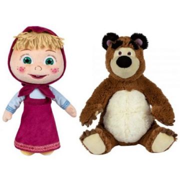 Set 2 jucarii din plus Masha cu rochie 26 cm si Ursul 25 cm, Masha & The Bear