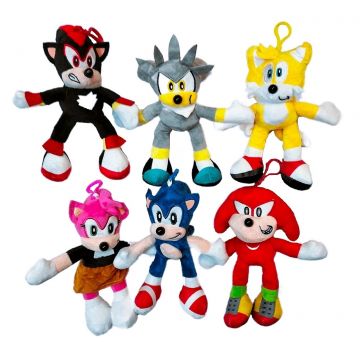 Set 6 Jucarii de Plus Sonic si Prietenii, 20 cm, Breloc, Multicolor