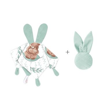 Set jucarie de plus, MimiNu, Cu urechi si labute + Jucarie zornaitoare Mini Bunny, Materiale certificat Oeko Tex Standard 100, Lulu Natural/Mint