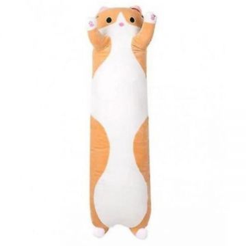 Jucarie pisica plus lunga, tip perna, lavabila, umplutura hipoalergenica, pentru copii si adulti, lungime 70 cm, culoare bej-roscat