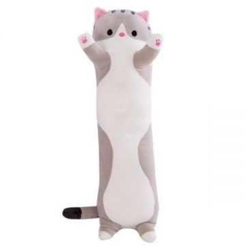 Jucarie pisica plus lunga, tip perna, lavabila, umplutura hipoalergenica, pentru copii si adulti, lungime 70 cm, culoare gri