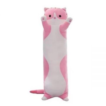 Jucarie pisica plus lunga, tip perna, lavabila, umplutura hipoalergenica, pentru copii si adulti, lungime 70 cm, culoare roz