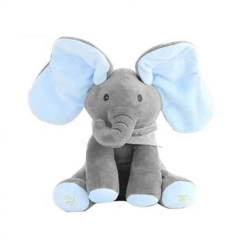 Jucarie interactiva Elefant din Plus MRG M1016, Cucu Bau pentru Copii, Canta, Vorbeste, Misca Urechile, Albastru