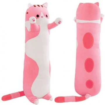Jucarie pisica plus lunga, tip perna, lavabila, umplutura hipoalergenica, pentru copii si adulti, lungime 50 cm, culoare roz-alb 3+ ani ABYZ®™